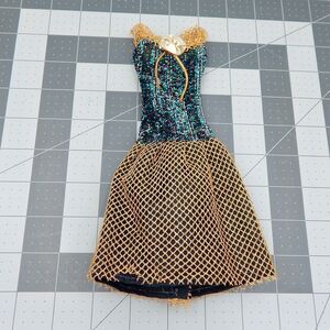 Fashion Doll Cocktail Holiday Dress 11 Inch Doll Gold Green Sparkly